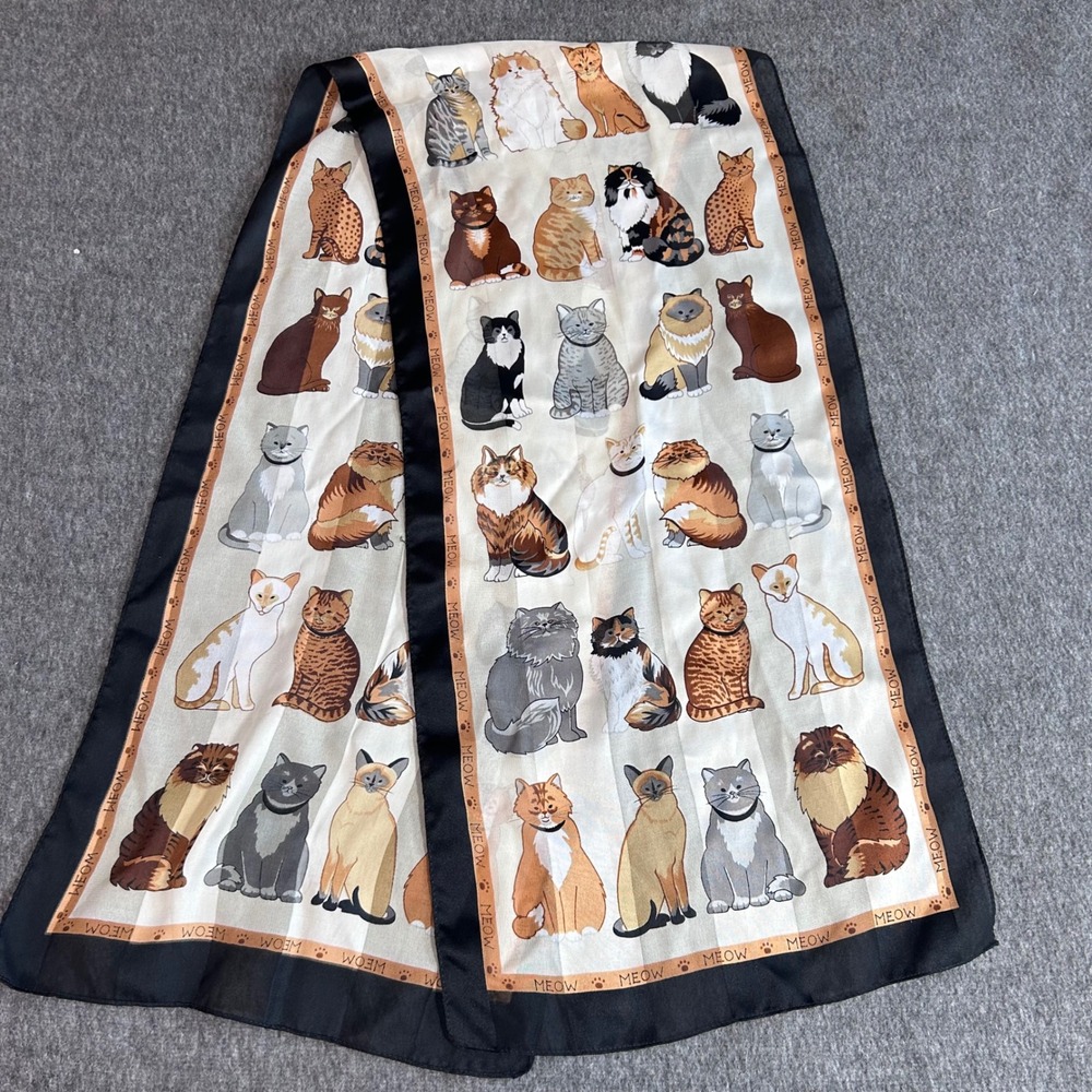 Vintage Cat Print Scarf Meow Paw Print Border Black Tan Accessory
